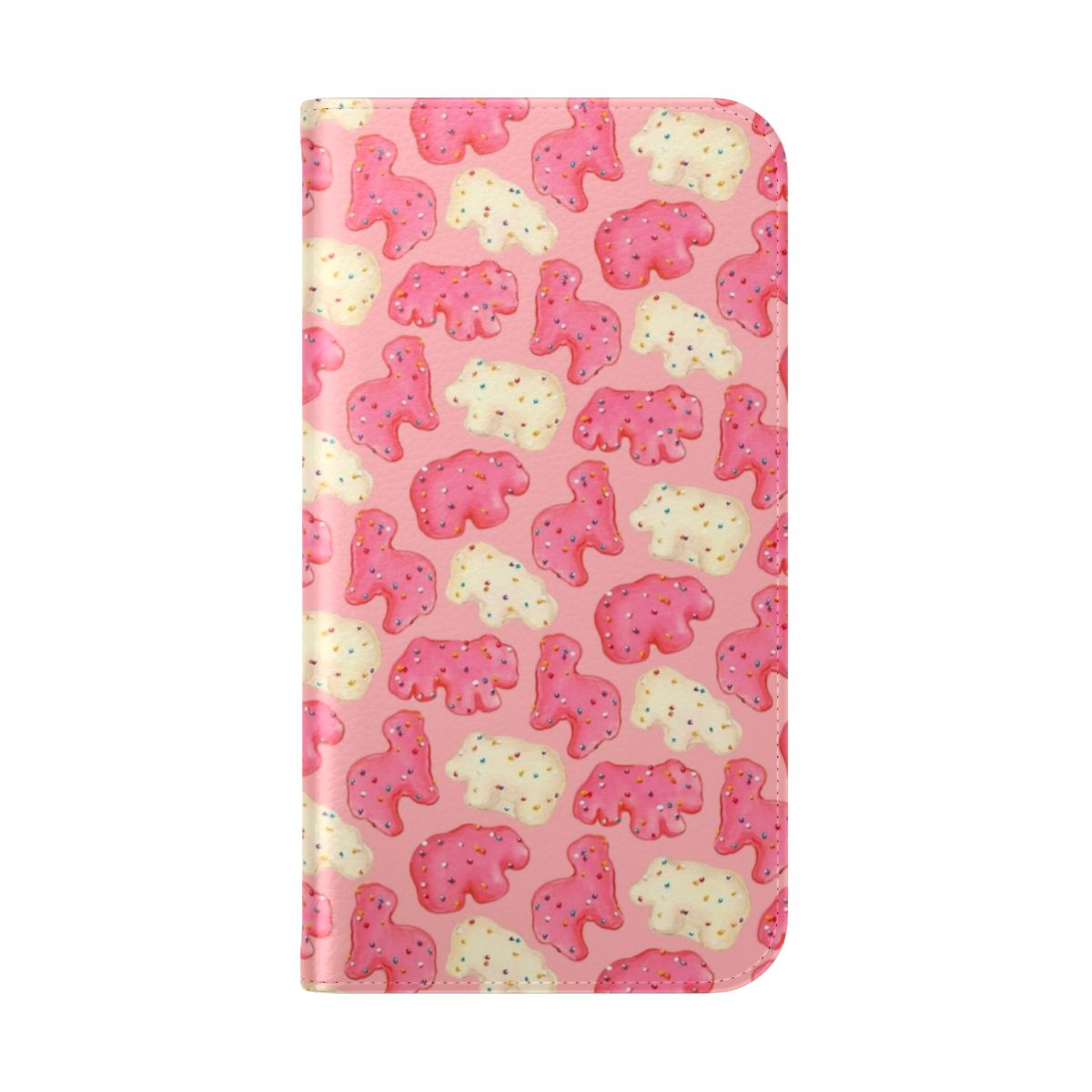 Closeup of a pink phone case with a frosted animal cookies pattern in a vintage, retro style. - Folded Back