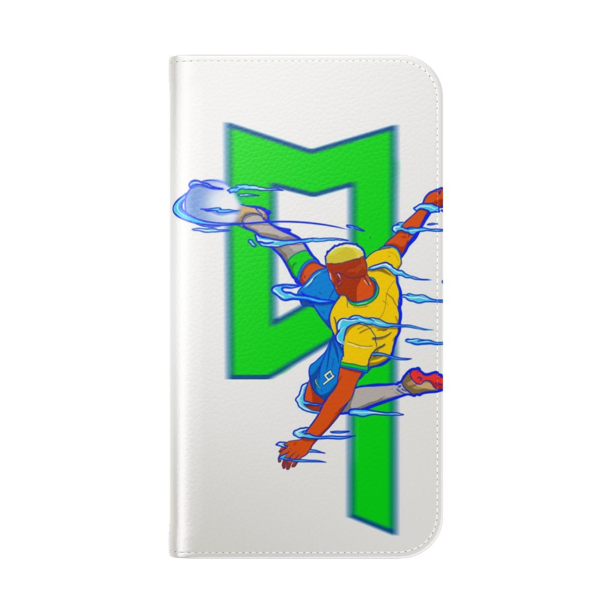 Colorful and modern flip phone case design with neon soccer/futbol graphics - Folded Back