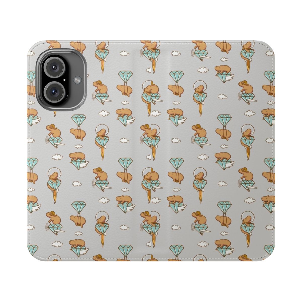 Colorful flip phone case design featuring a cute capybara flying through a sky filled with clouds.