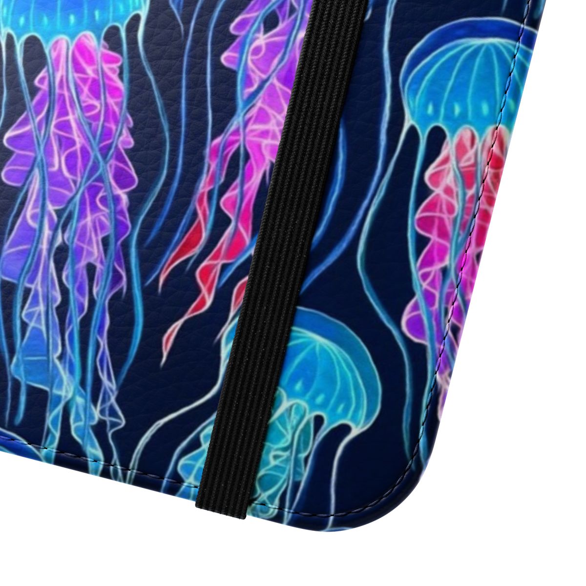 Luminous jellyfish pattern on a navy blue flip phone case - Close Up