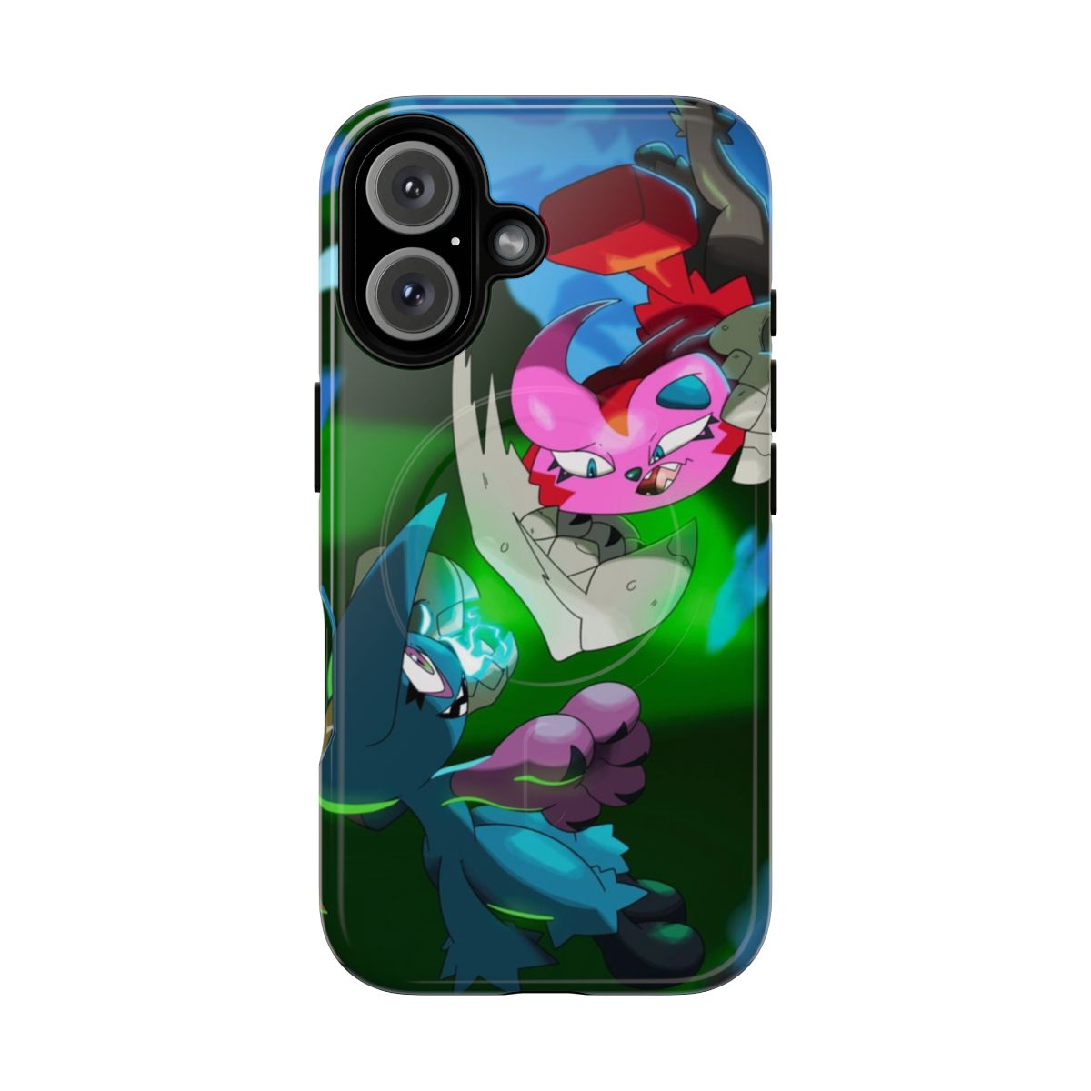 Illustration of a cat monster character on a protective phone case with a magnetic closure