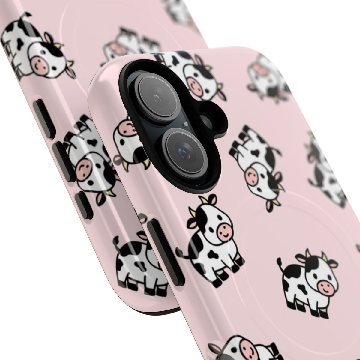 A colorful phone case featuring a cute, kawaii-style cow design. - Detail