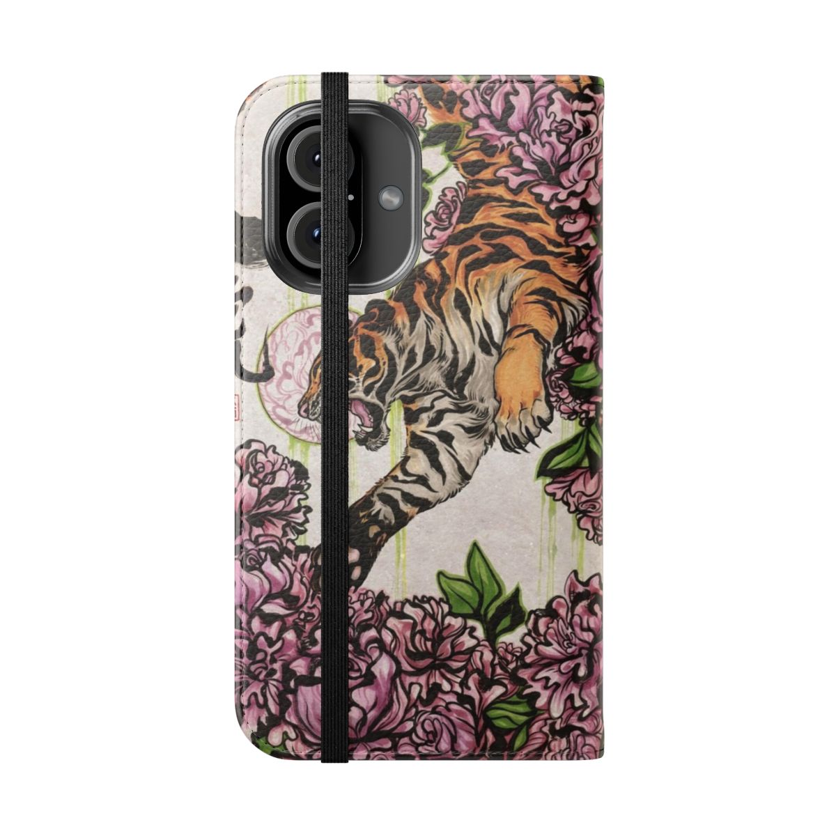 Closeup of a stylish phone case featuring a detailed tiger illustration surrounded by artistic peony flowers - Folded Front