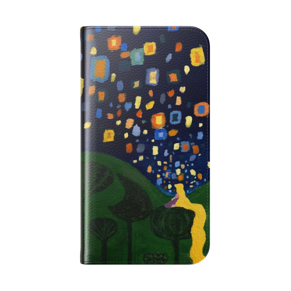 Flip cover phone case featuring a design inspired by the Disney movie Tangled, with floating lanterns and Rapunzel's iconic hair. - Folded Back