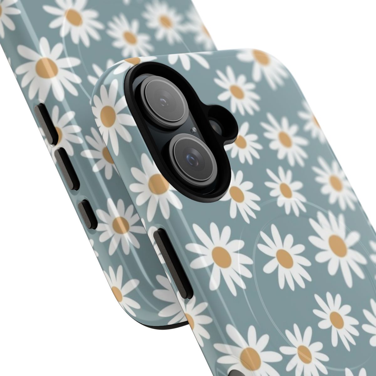 Blue and white daisy pattern on a floral phone case with a retro, vintage 70s style - Detail