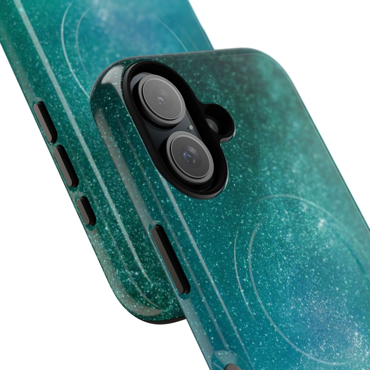 Aurora Borealis inspired phone case featuring a stunning night sky landscape with mountains, stars, and the vibrant northern lights. - Detail