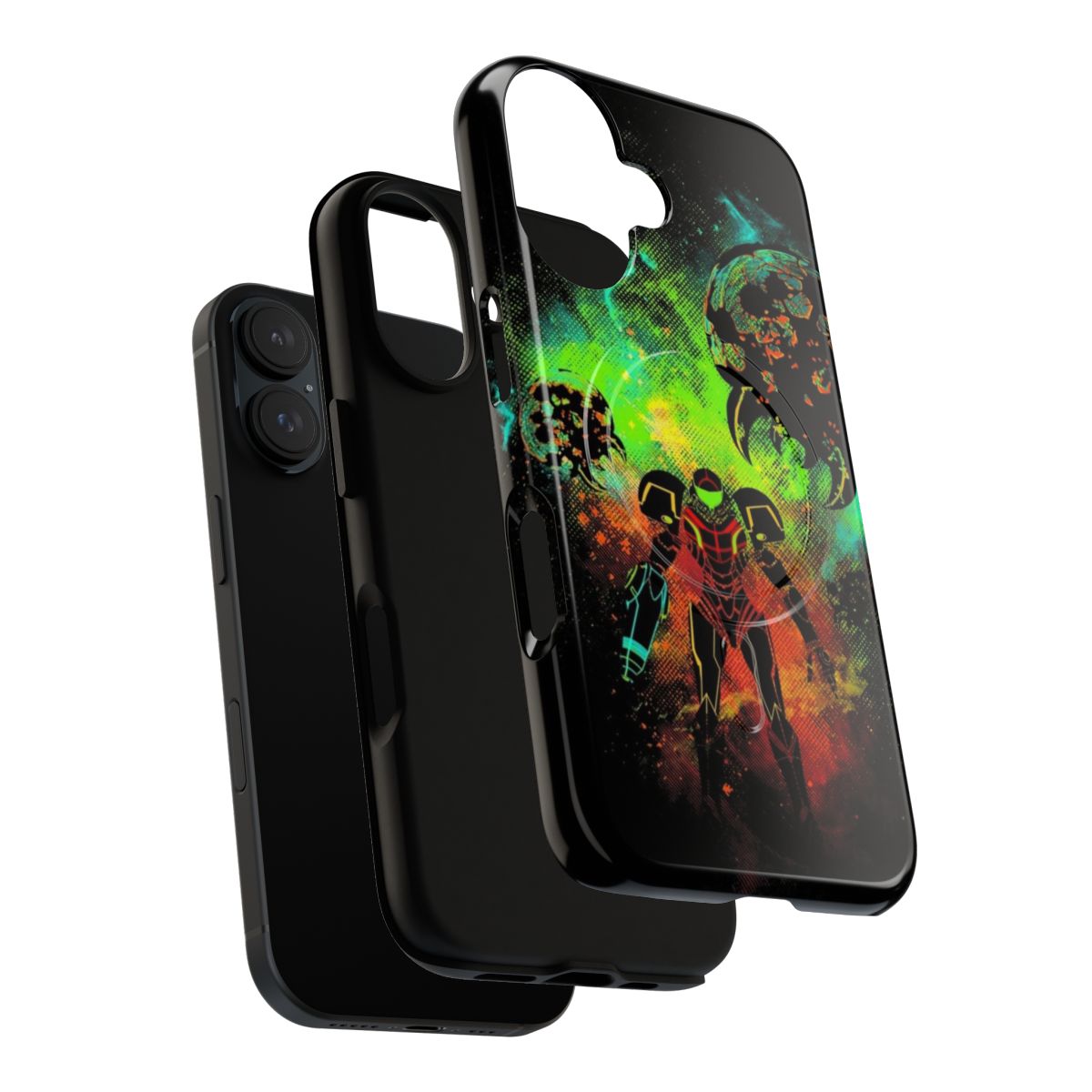 Space-themed phone case featuring a bounty hunter design, inspired by classic video game characters - Layers