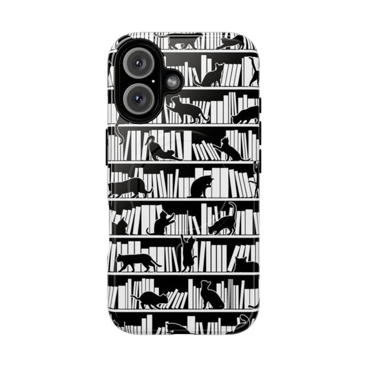 A magnetic phone case featuring a pattern of books and cats for book and cat lovers.