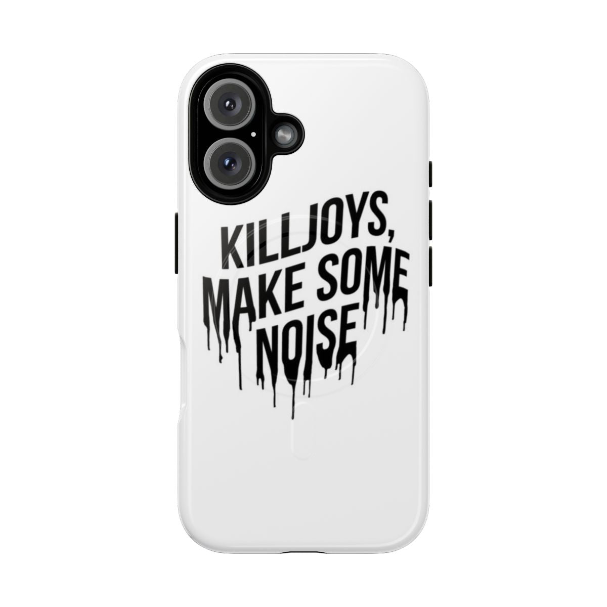 Black and white drip text design on a durable phone case