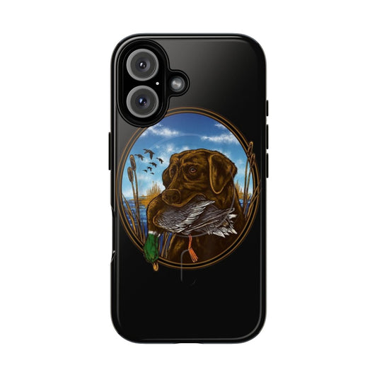 Magnetic phone case featuring a Labrador Retriever with a Mallard Duck in a hunting themed design