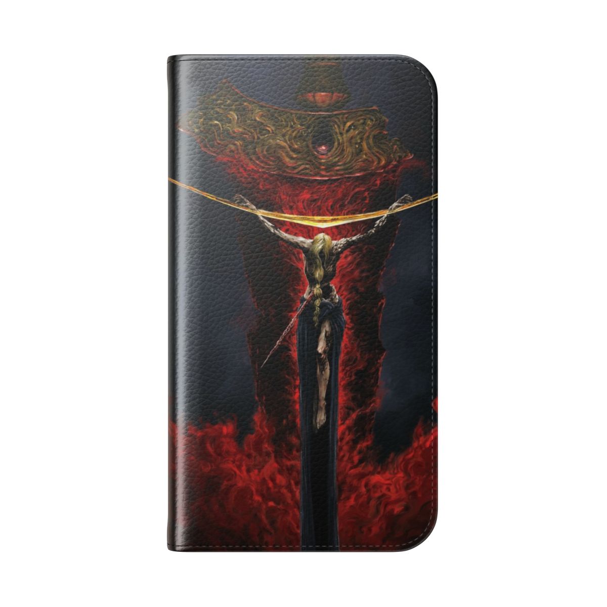 Fantasy-style flip cover phone case with Marika design, inspired by the Elden Ring video game - Folded Back