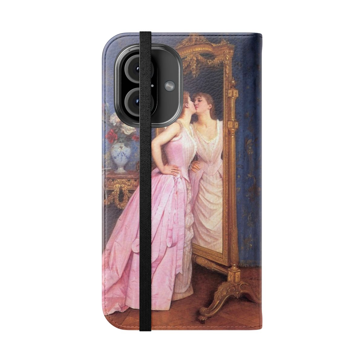 A vintage-style flip cover phone case featuring a classical portrait of a woman - Folded Front