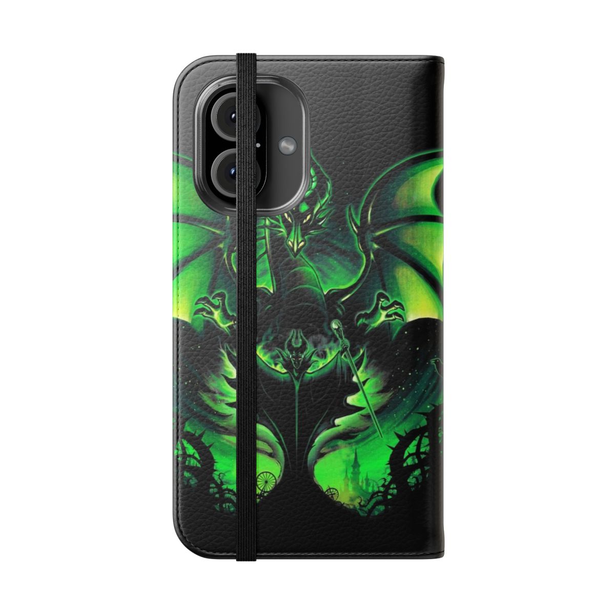 Flip cover phone case with a dark, gothic design inspired by the Disney villain Maleficent and the fantasy tale of Sleeping Beauty. - Folded Front