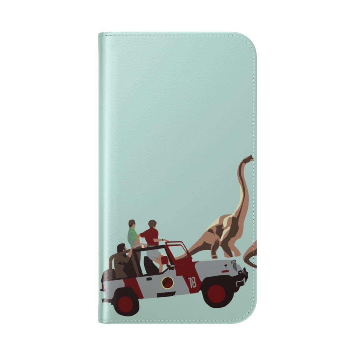 A flip phone case featuring a graphic design inspired by the Jurassic Park and Jurassic World movies, including vehicles and dinosaurs. - Folded Back