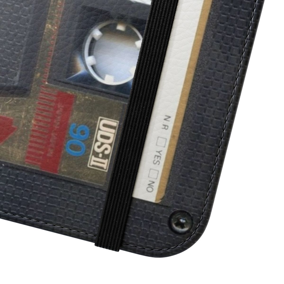 Vintage-style cassette tape pattern on a flip phone case - Close Up