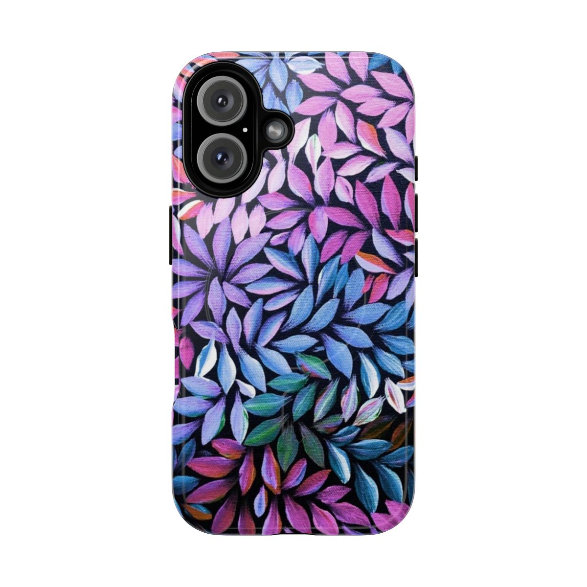 Colorful magnetic tough phone case featuring an abstract Australian aboriginal art-inspired design with leaves in shades of pink, purple, and blue.