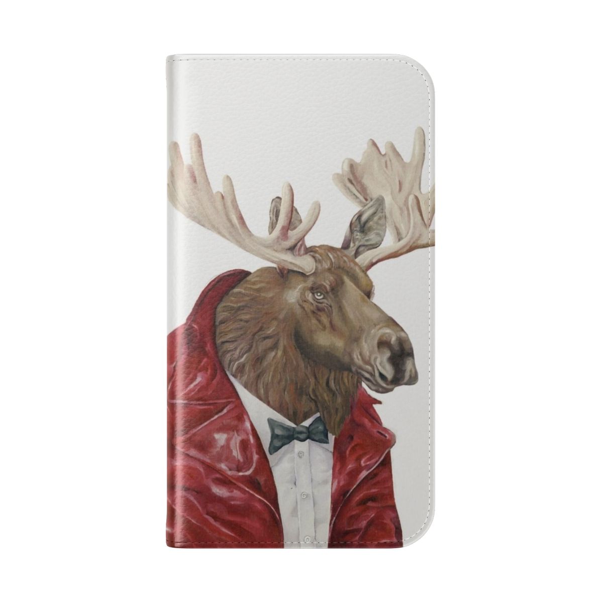 A leather flip phone case featuring a whimsical moose painting in a Scandinavian-inspired woodland scene. - Folded Back