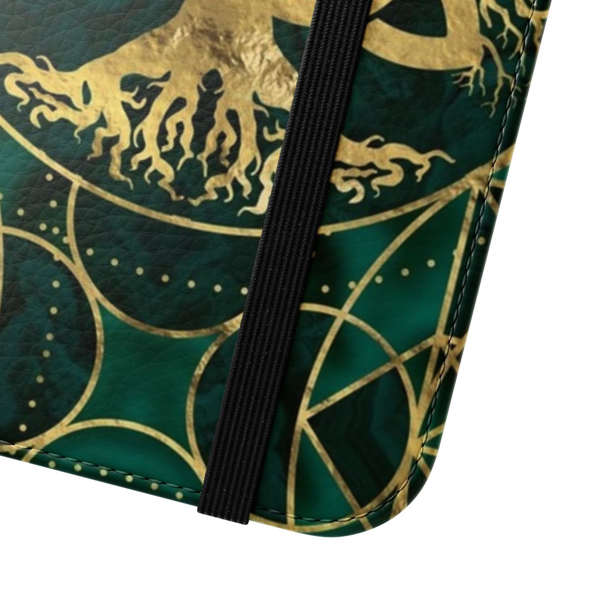 Malachite and gold-toned flip cover phone case with a tree of life and triquetra design - Close Up