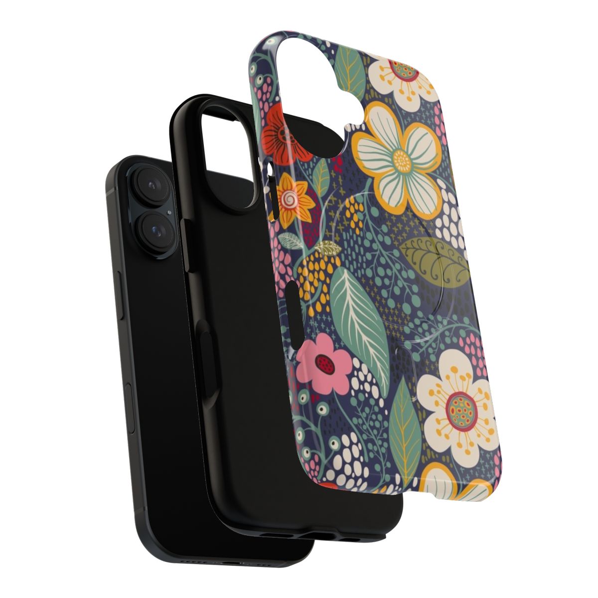 Stylish and protective phone case featuring a beautiful floral secret garden pattern in navy blue and yellow. - Layers