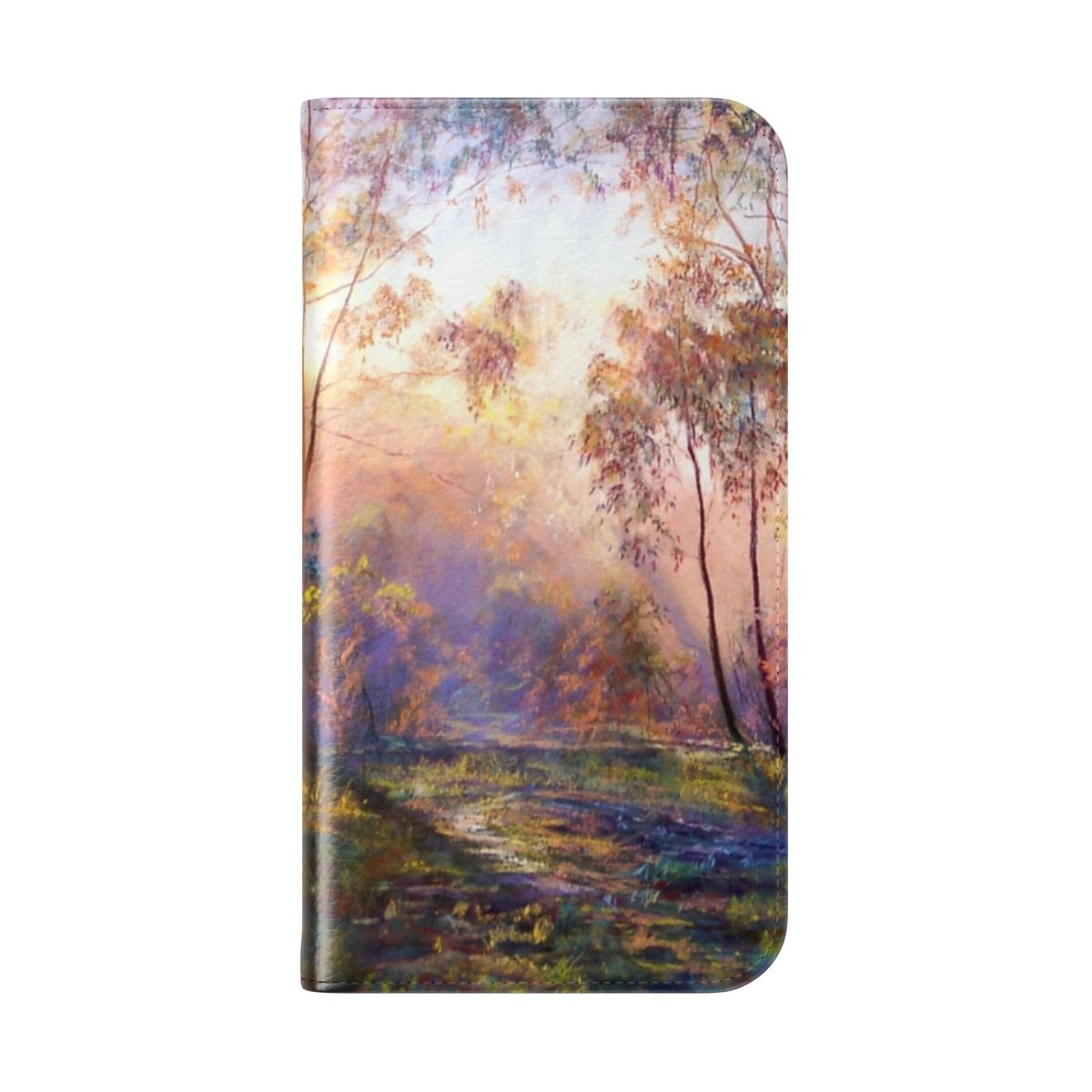 Flip cover phone case featuring a scenic landscape image of trees and nature - Folded Back