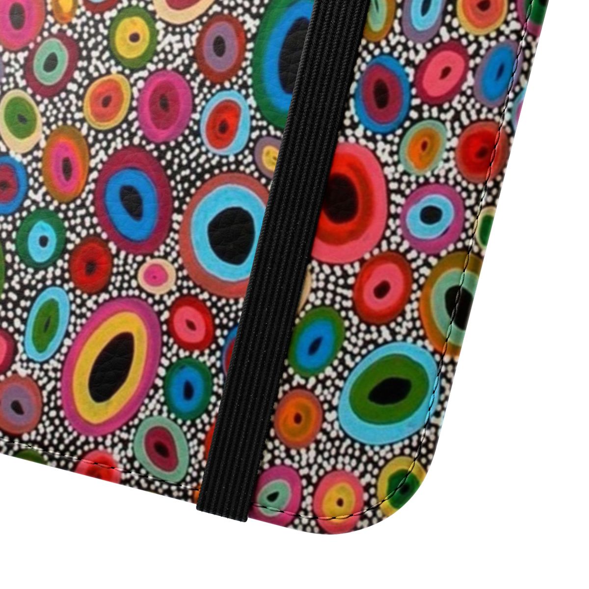 Flip phone case featuring vibrant aboriginal-inspired dot art design - Close Up