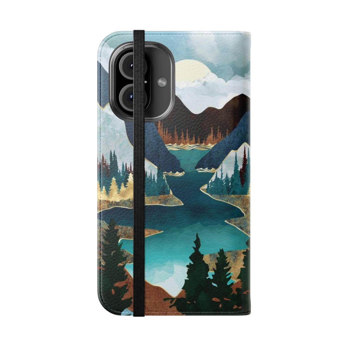 Flip cover phone case with a scenic river and mountain landscape design - Folded Front