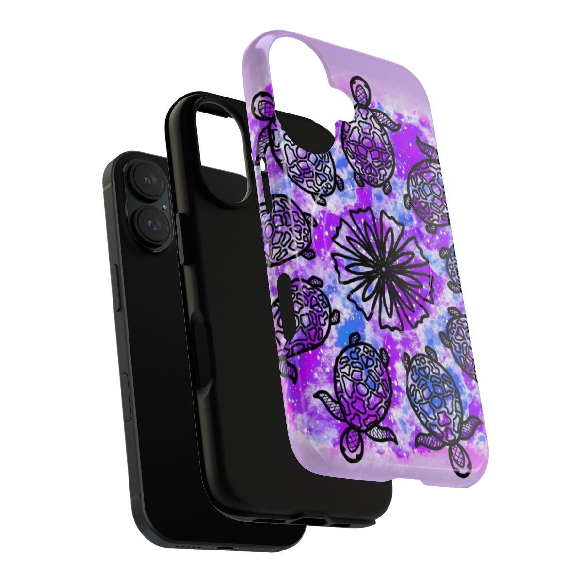 Vivid purple and blue sea turtle mandala design on a protective magnetic phone case - Layers