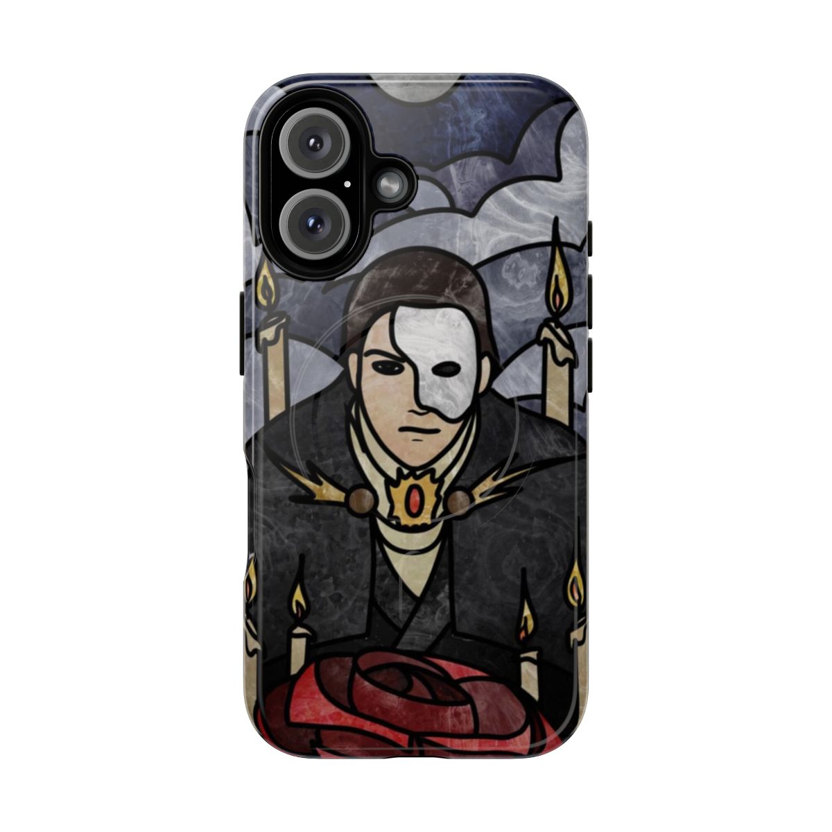 Stained glass-inspired phone case with a dark, gothic design reminiscent of The Phantom of the Opera