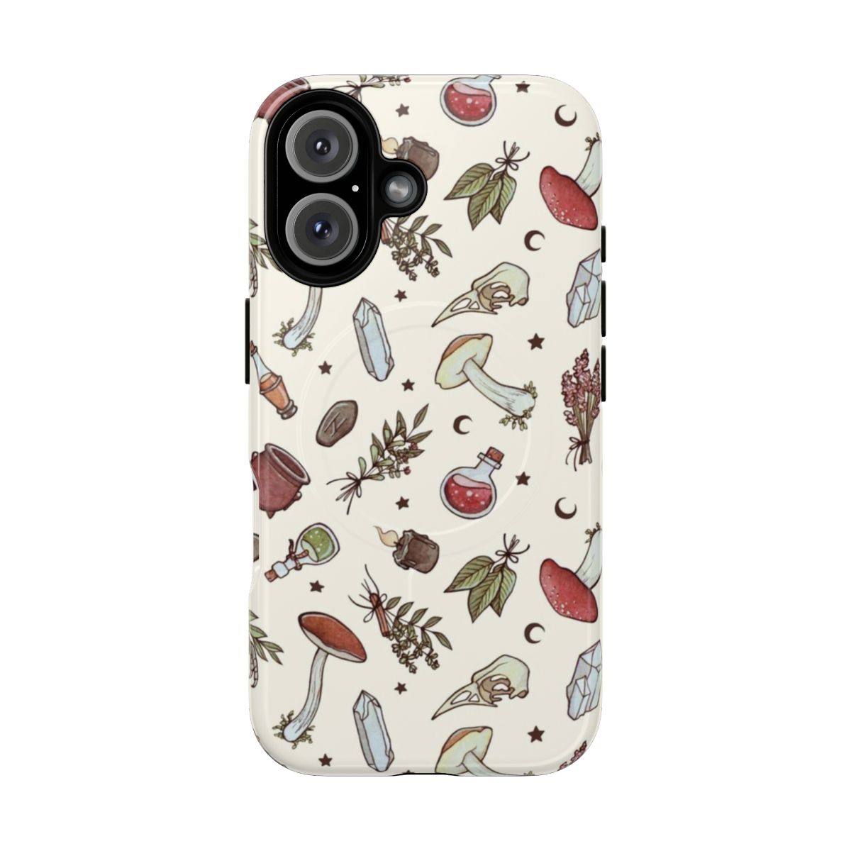 Artistic phone case featuring a witchy pattern with natural elements like herbs, crystals, and moons.