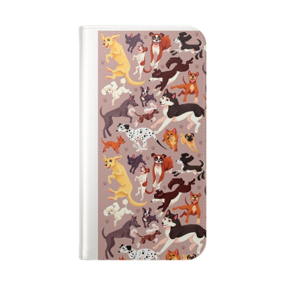 Colorful illustration of various dog breeds on a flip cover phone case - Folded Back