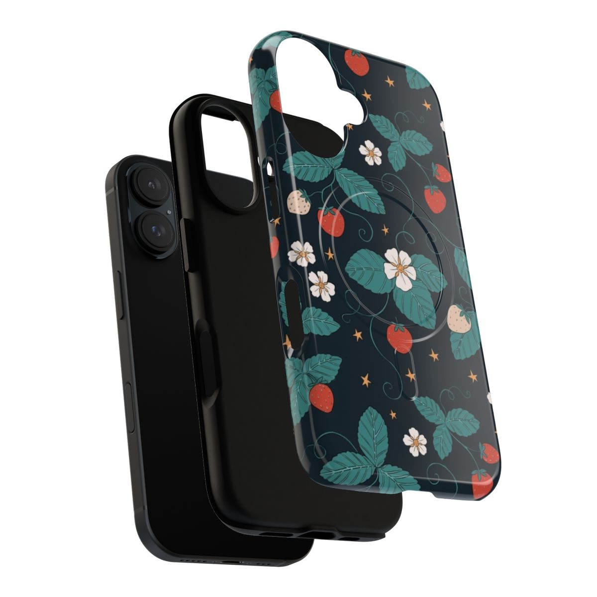 A dark and moody phone case featuring strawberries, leaves, and a starry night sky. - Layers