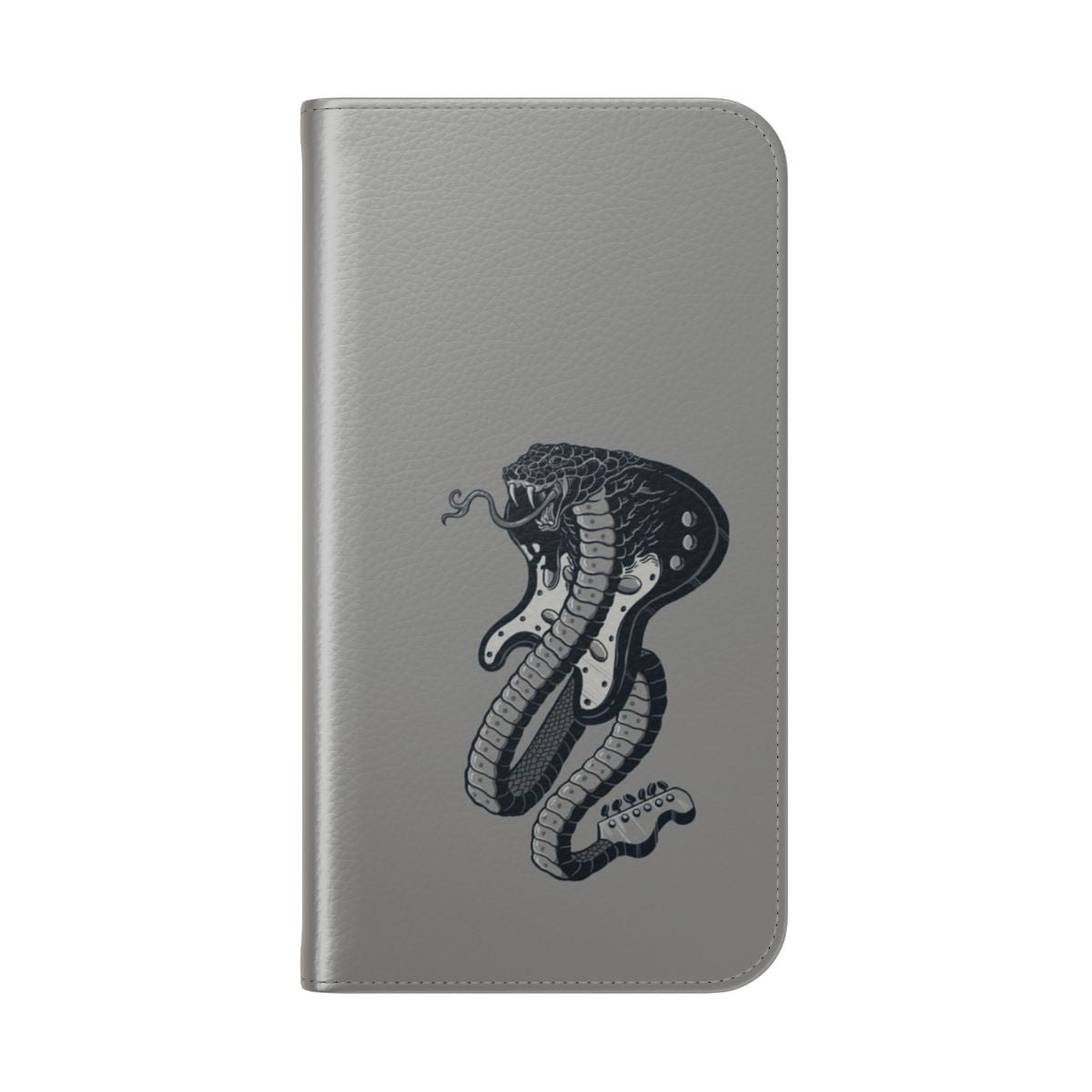 A sleek flip phone case with a snake and guitar design, perfect for music and heavy metal fans. - Folded Back