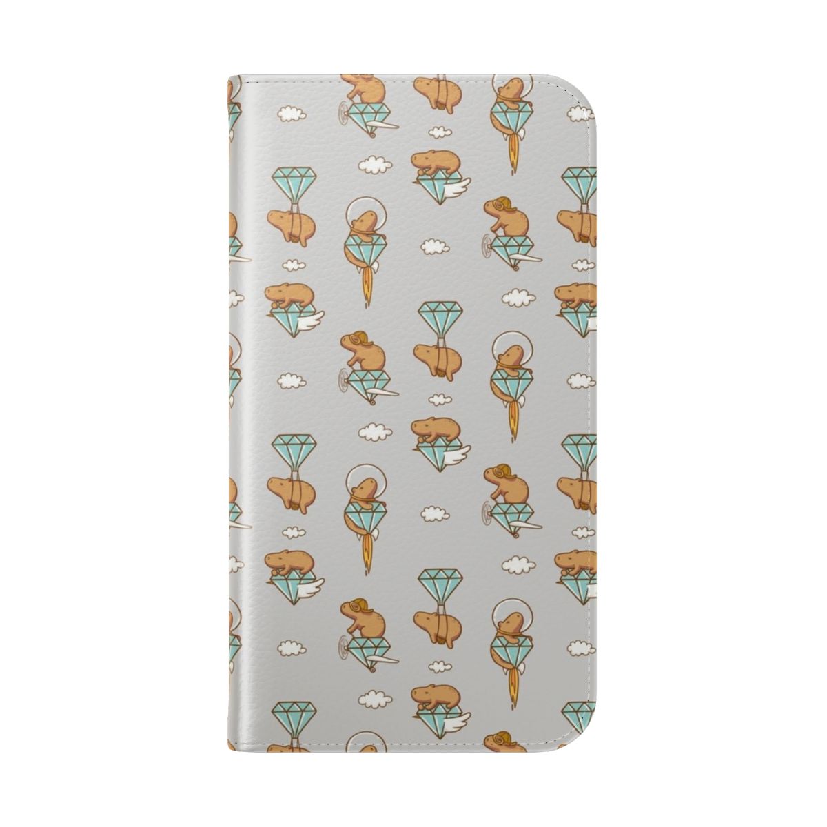 Colorful flip phone case design featuring a cute capybara flying through a sky filled with clouds. - Folded Back