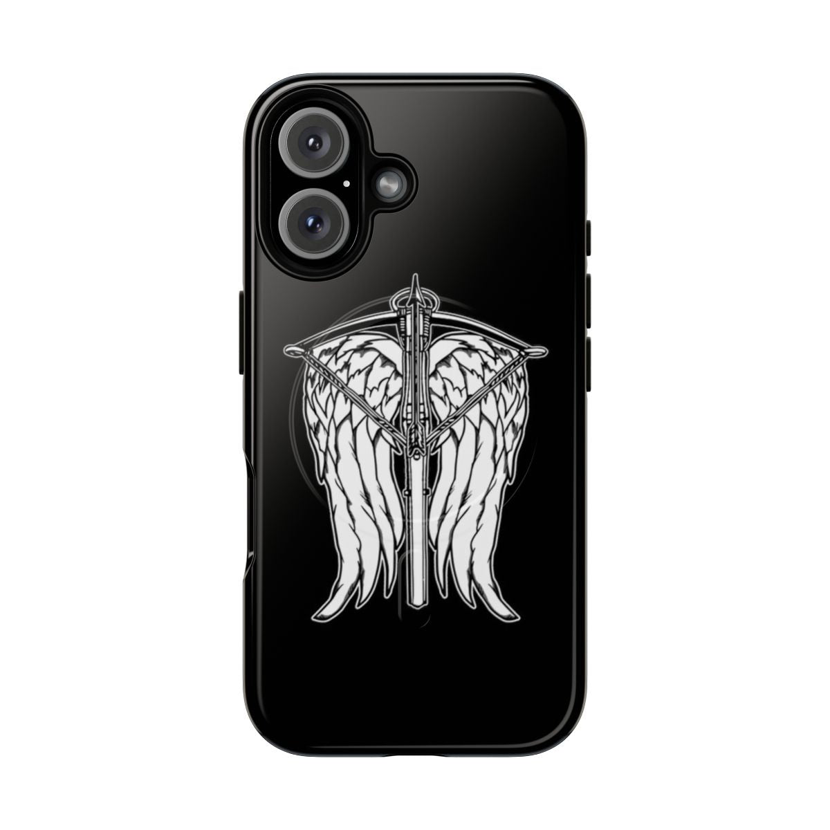 Supernatural-inspired angel wings and crossbow design on a magnetic tough phone case