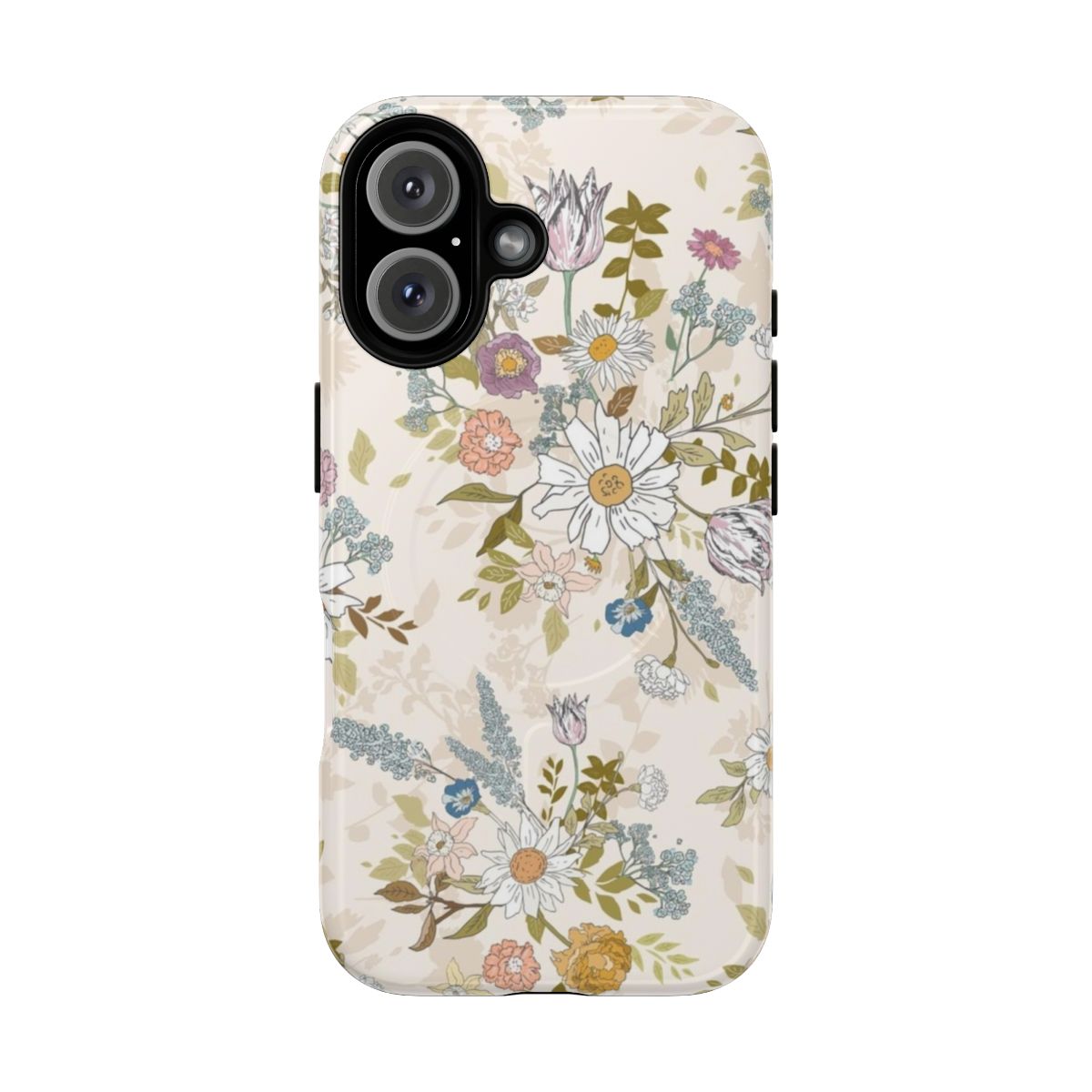 Boho floral phone case with a vintage botanical design of flowers, leaves, and nature-inspired elements.