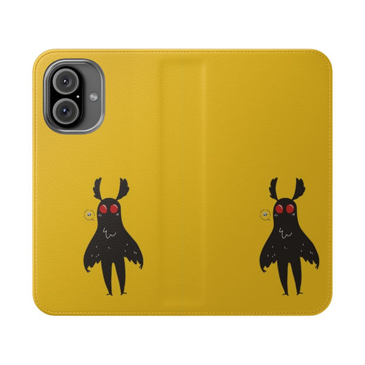 Closeup of a phone case featuring the iconic Moth Man cryptid design