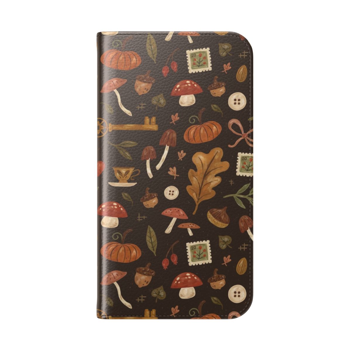 Autumn Inspired Flip Cover Phone Case with Floral and Leaf Pattern - Folded Back