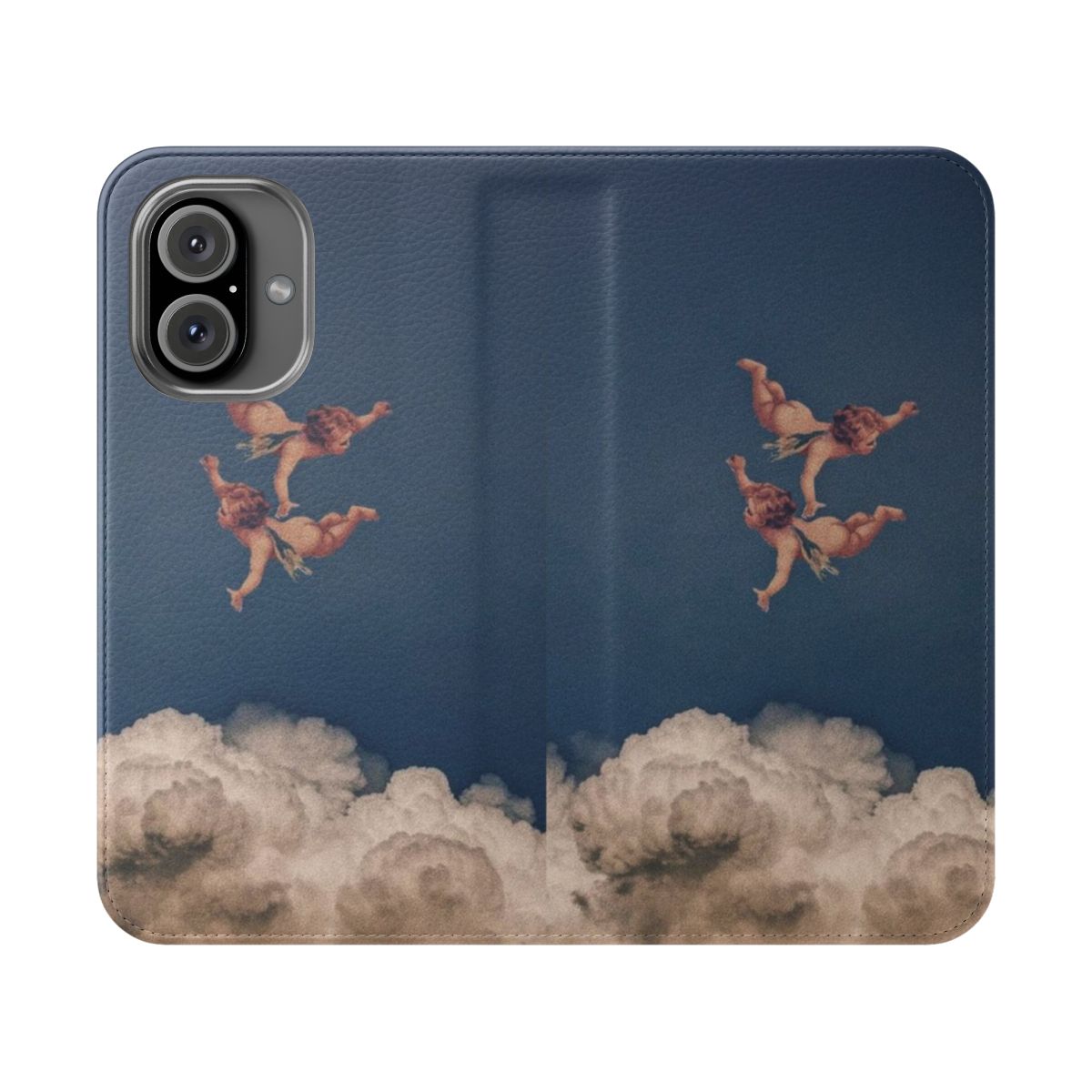 Vintage-style flip phone case with a beautiful, classic renaissance-inspired cherub design.