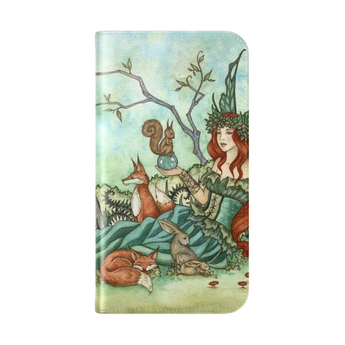 Whimsical fantasy-themed flip phone case with nature motifs - Folded Back