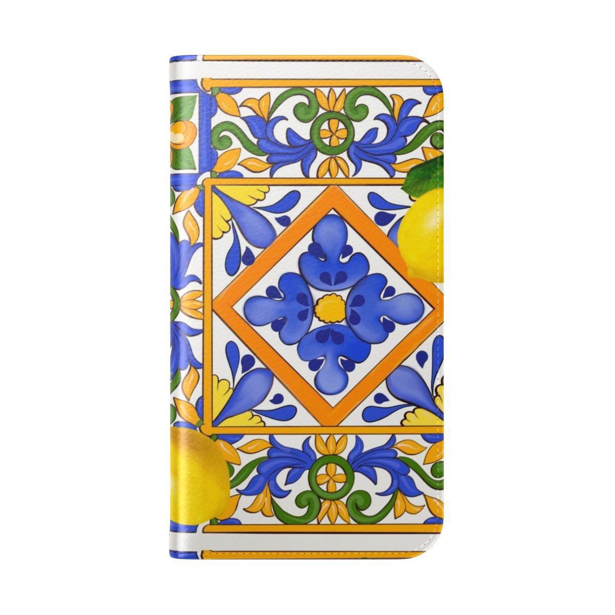 Flip phone case with a colorful pattern featuring lemons, oranges, and majolica tiles, inspired by the Mediterranean coast. - Folded Back