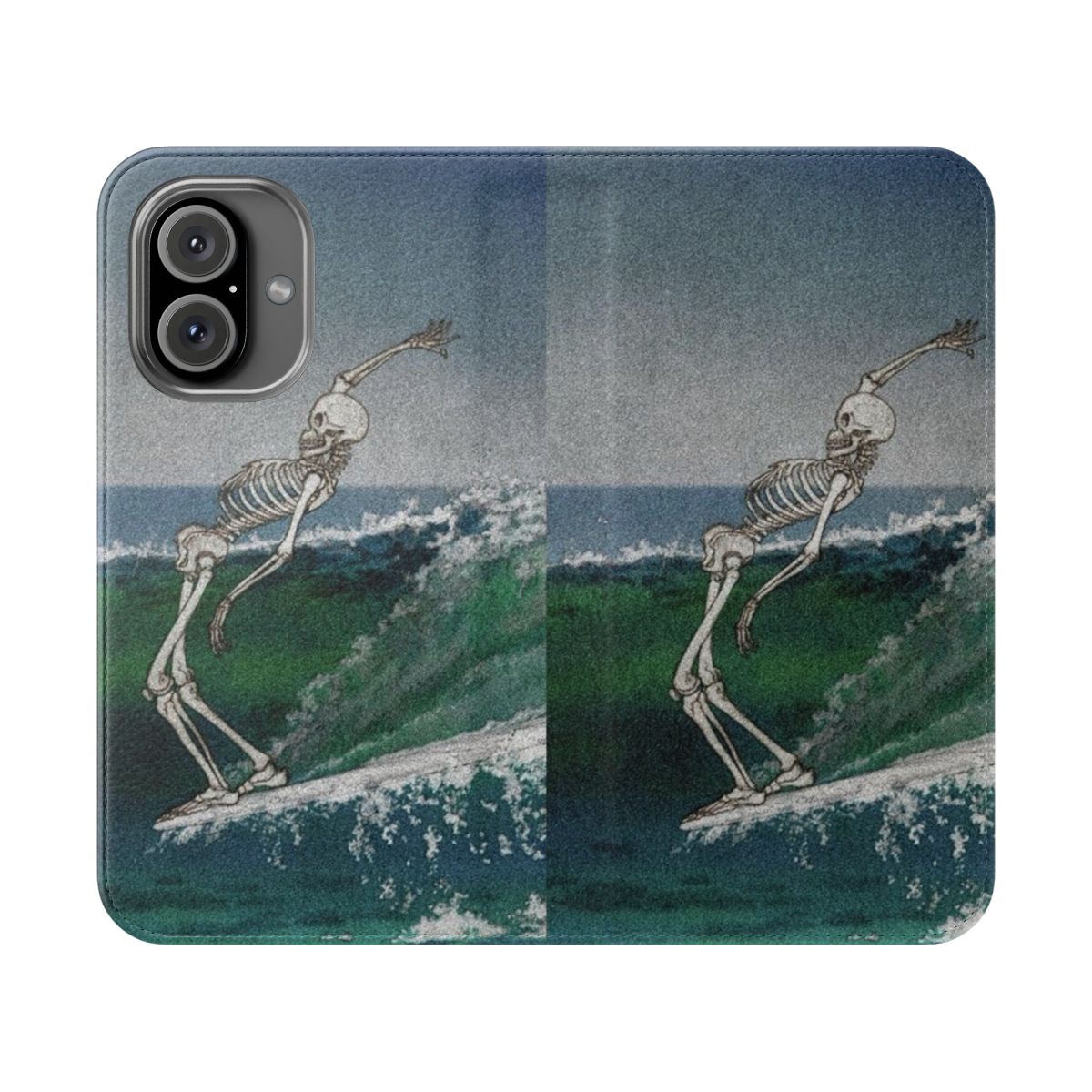 Vintage-inspired blue phone case with skeleton and wave design