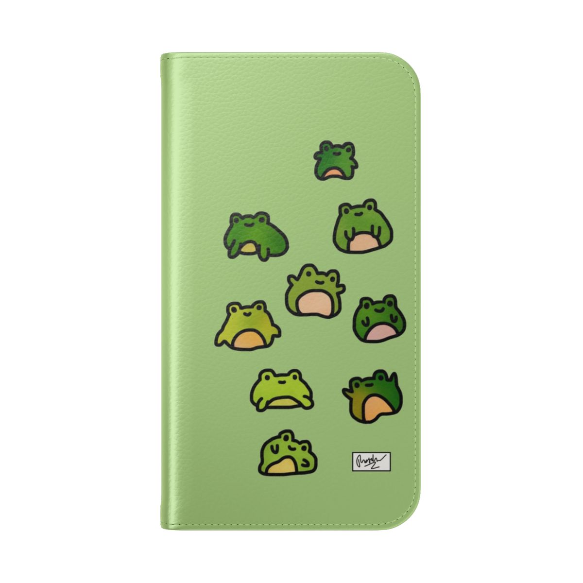 Artistic doodle illustration of a group of frogs on a flip phone case - Folded Back