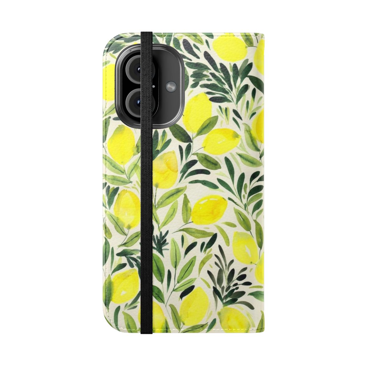 Lemon watercolor design on a cream white flip cover phone case - Folded Front