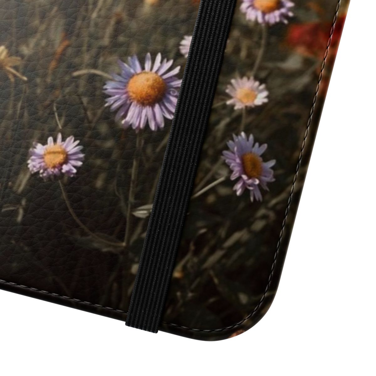 A phone case featuring a scenic landscape with mountains, wildflowers, and a golden hour sky. - Close Up