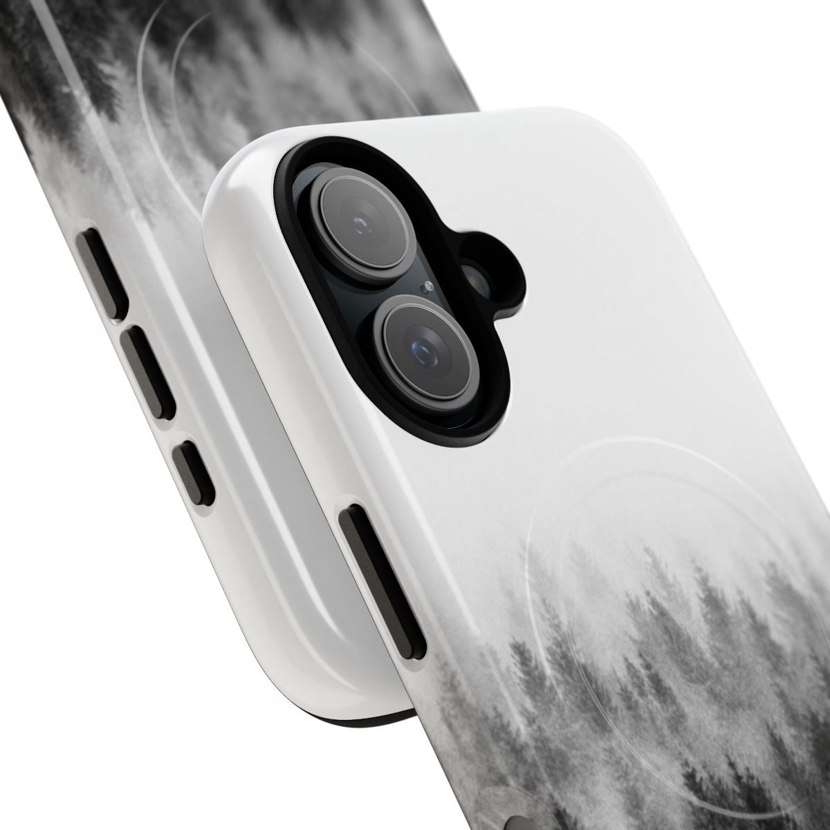 A magnetic phone case featuring a moody, romantic forest landscape with trees covered in misty fog. - Detail