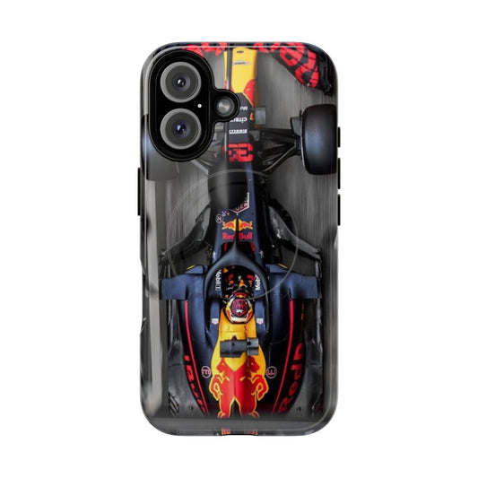 Stylish phone case featuring an illustration of Formula 1 driver Max Verstappen