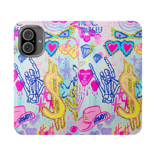 Preppy Collage Flip Cover Phone Case with Pink Hearts and Cowgirl Hat Design