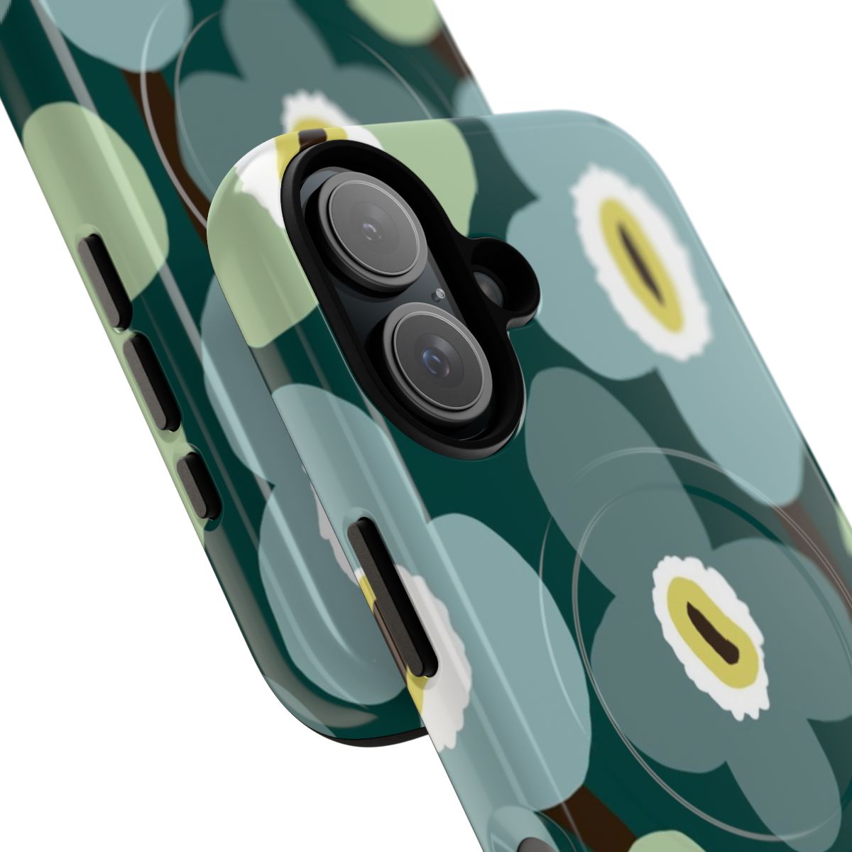 Minimalist Scandinavian-inspired floral pattern phone case in shades of green and blue - Detail