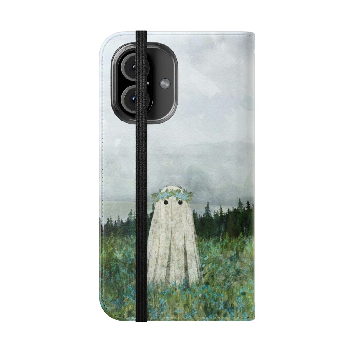 Whimsical phone case featuring a haunting meadow landscape with ghostly blue flowers - Folded Front