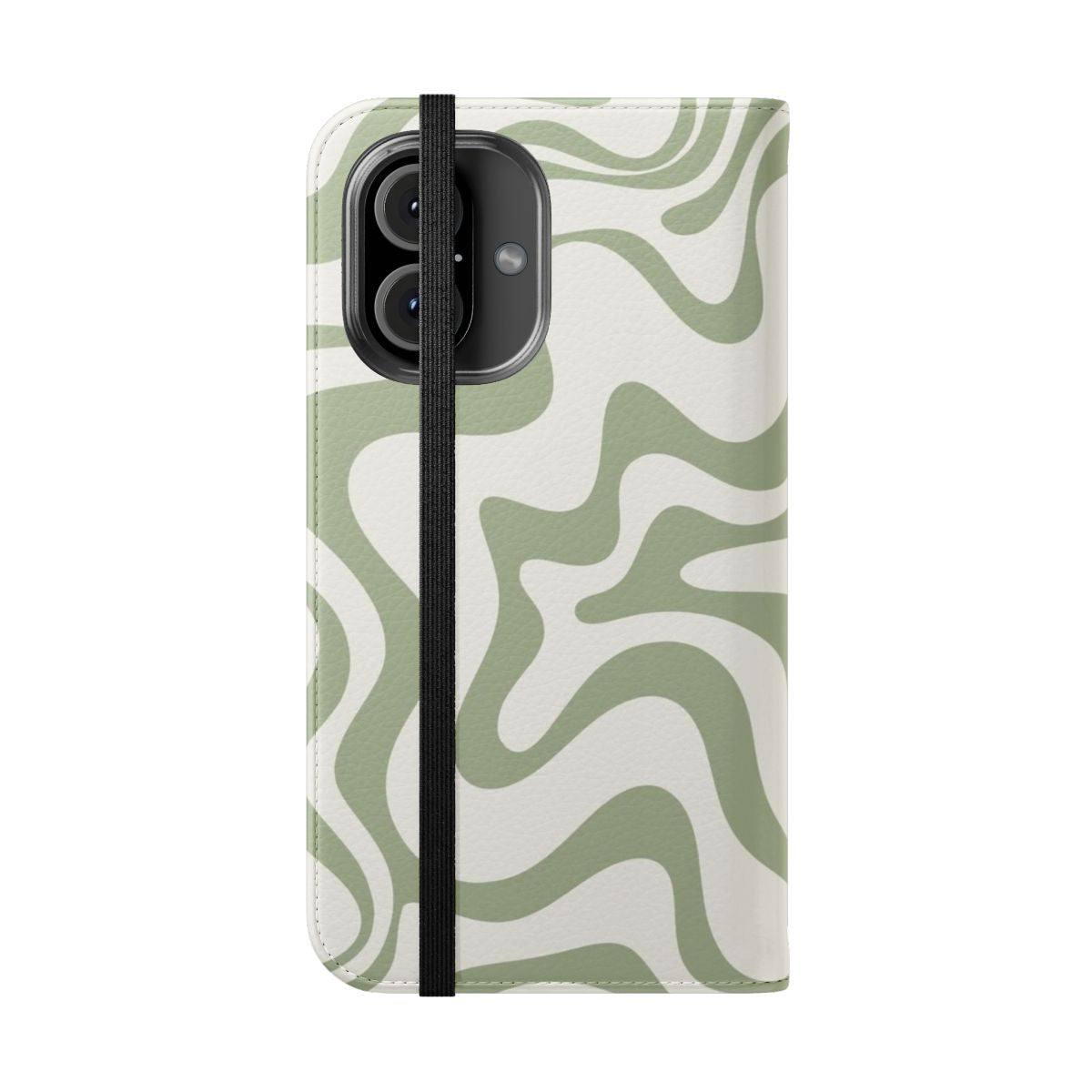 Stylish abstract phone case in a vintage-inspired sage green and white swirl pattern - Folded Front